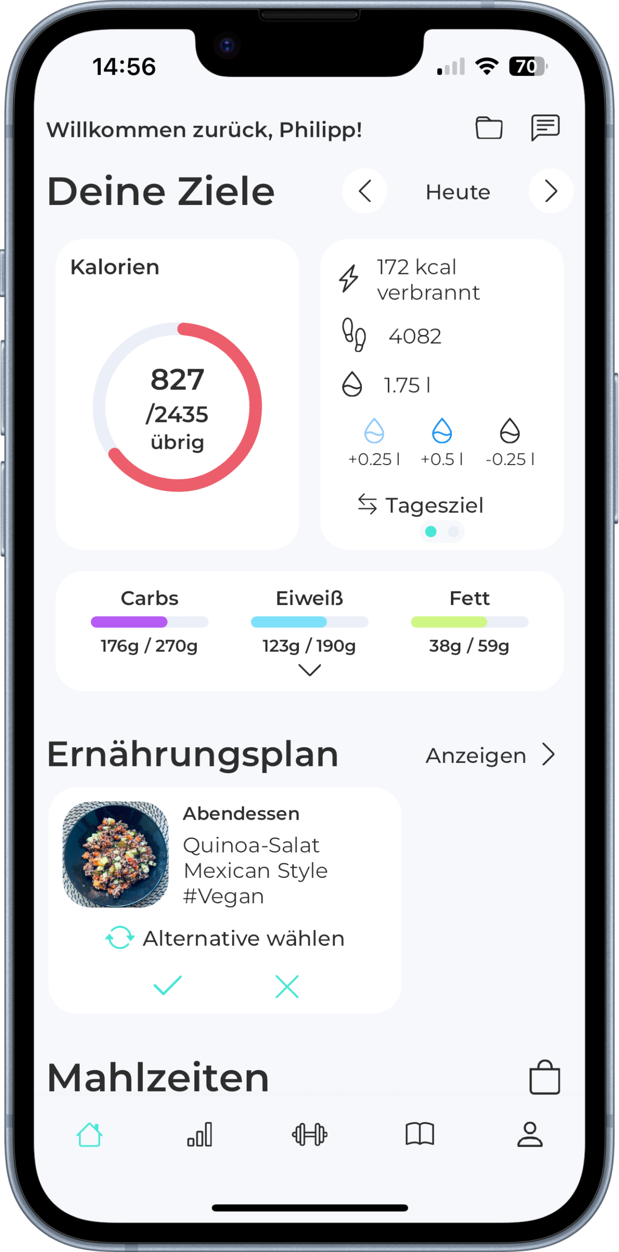 Screenshot der App-Startseite mit Ernährungs- und Trainingsüberblick