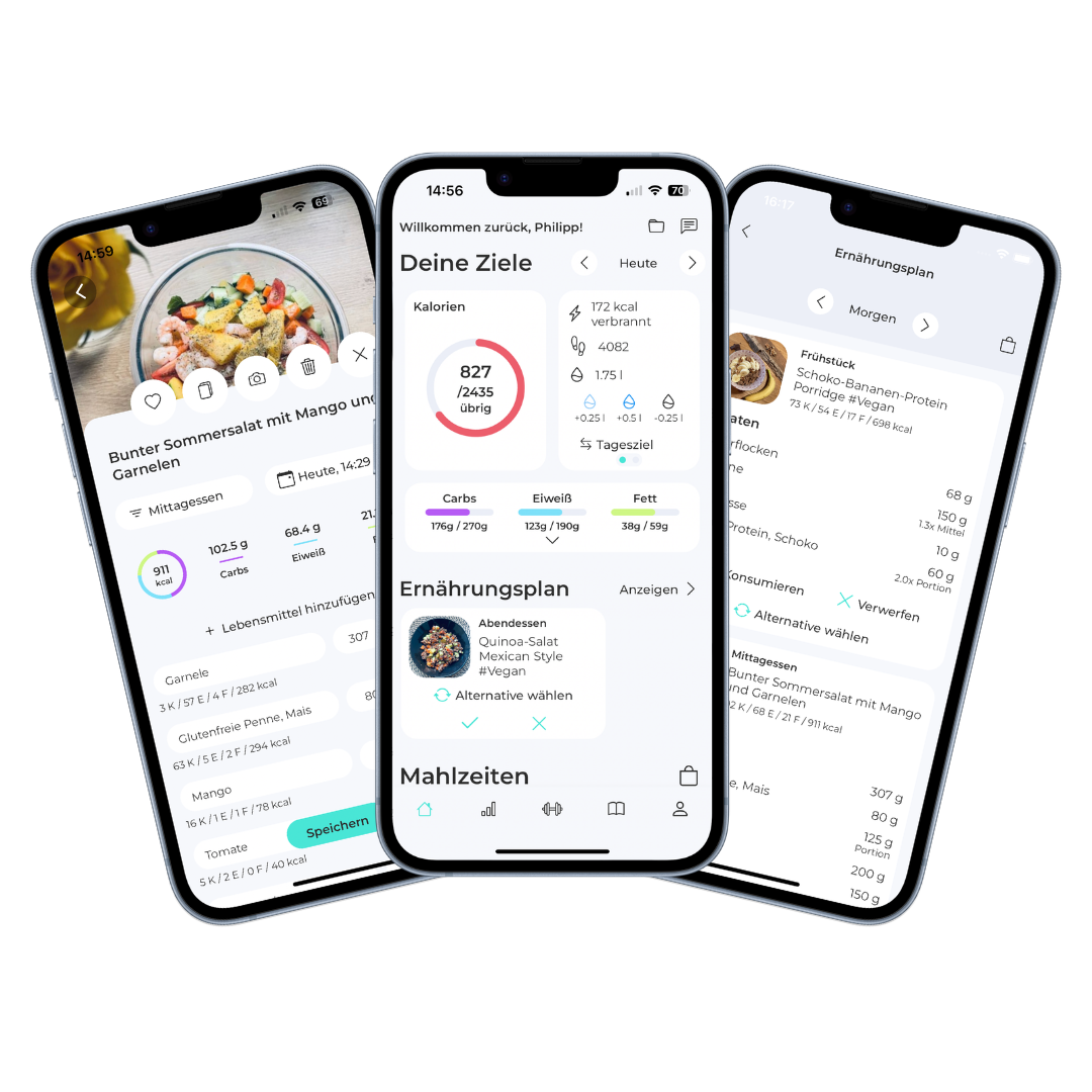 Collage: Ernährungs-, Trainings- und Dashboard-App