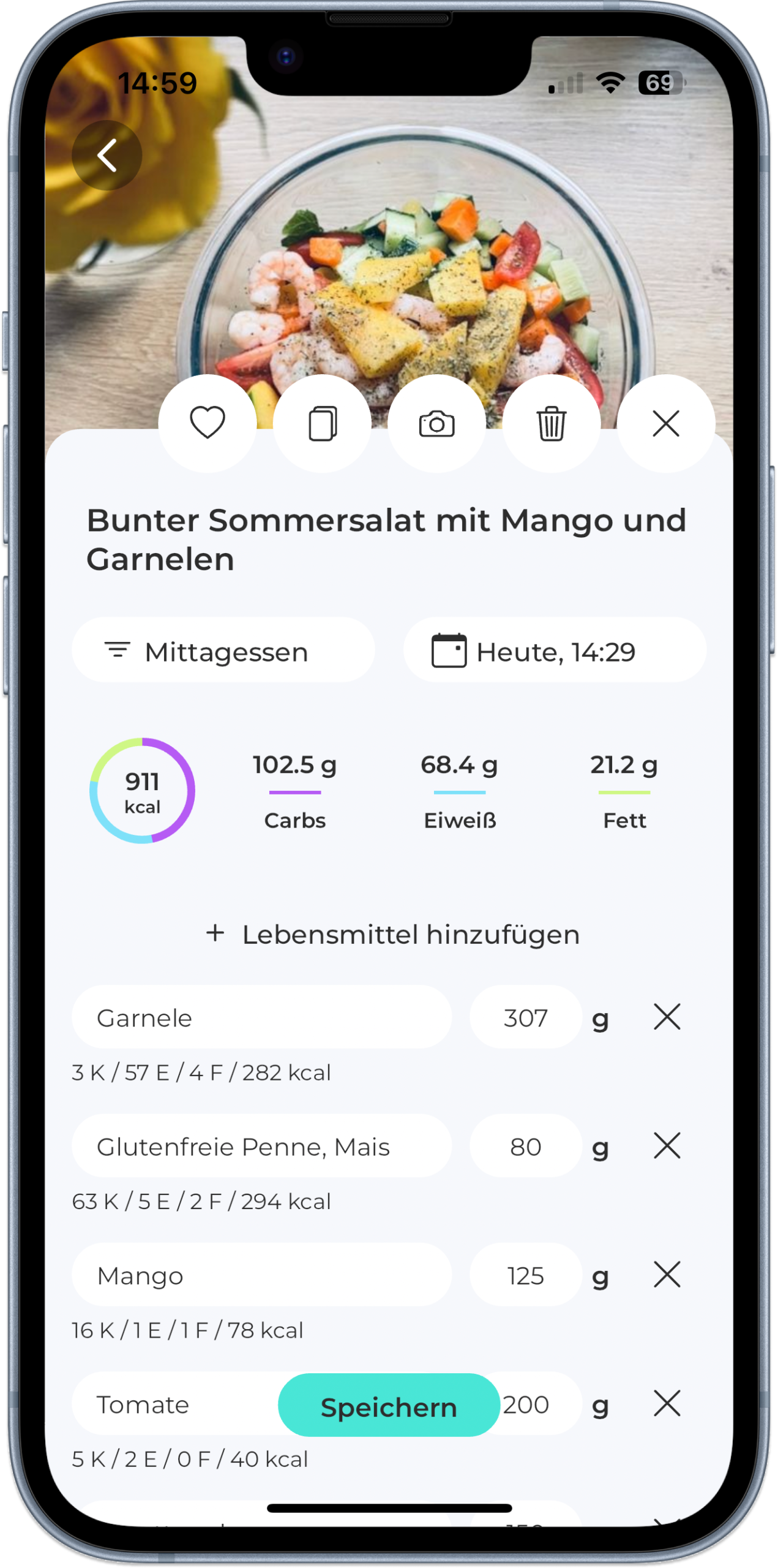 Screenshot der Ernährungs-Tracking-App